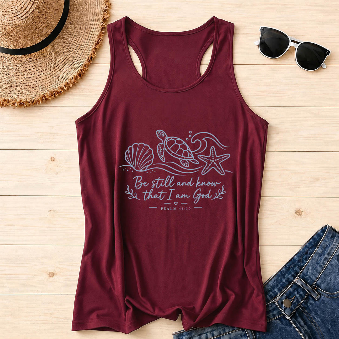 Christianartworkshop Seid still und erkennt, dass ich Gott bin (Psalm 46,10) Tanktop mit Meeresschildkröte, Muschel, Seestern, Welle und Racerback-Motiv - Wein - 2XL - image 10