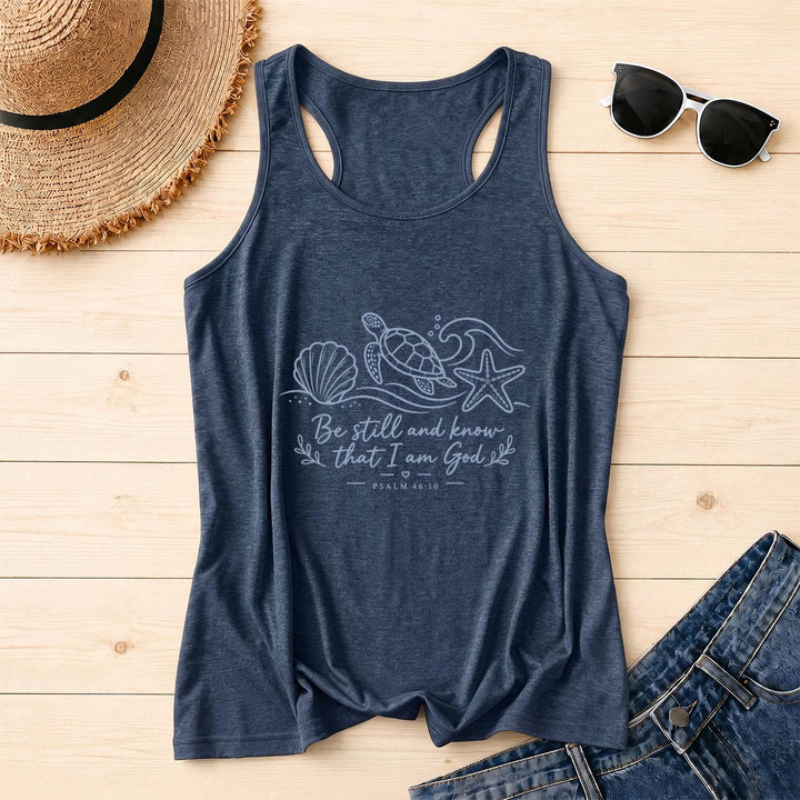 Christianartworkshop Seid still und erkennt, dass ich Gott bin (Psalm 46,10) Tanktop mit Meeresschildkröte, Muschel, Seestern, Welle und Racerback-Motiv - Marineblau - 2XL - image 16