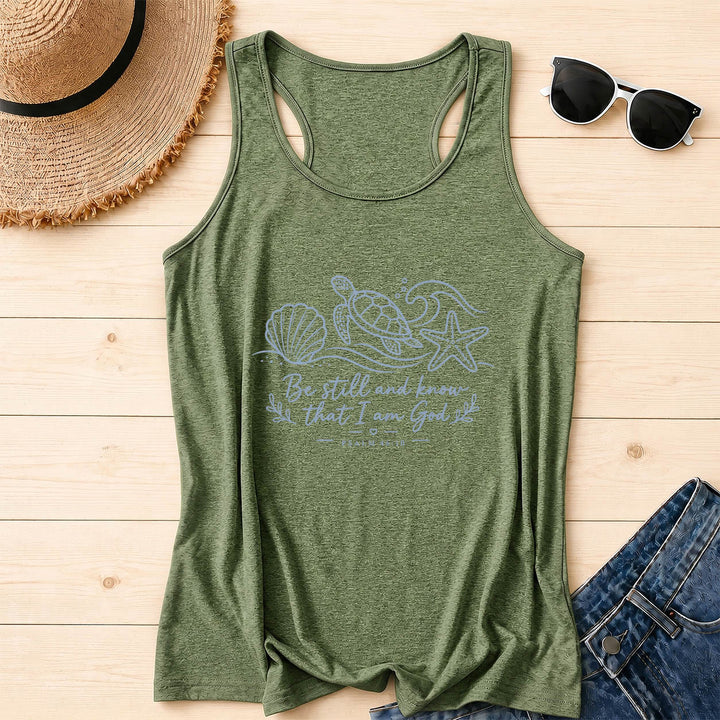 Christianartworkshop Seid still und erkennt, dass ich Gott bin (Psalm 46,10) Tanktop mit Meeresschildkröte, Muschel, Seestern, Welle und Racerback-Motiv - Olivgrün - 2XL - image 4