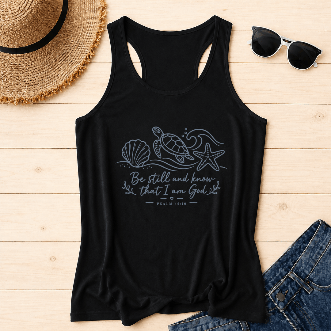 Christianartworkshop Seid still und erkennt, dass ich Gott bin (Psalm 46,10) Tanktop mit Meeresschildkröte, Muschel, Seestern, Welle und Racerback-Motiv - Schwarz - 2XL - image 14
