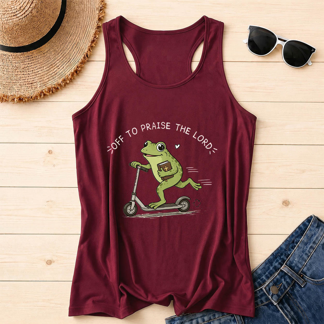 Christianartworkshop Auf zum Lobpreis des Herrn Bogenförmiger Text Niedlicher Frosch auf Roller mit Bibel in der Hand Cartoon Racerback Tanktop - Wein - 2XL - image 8