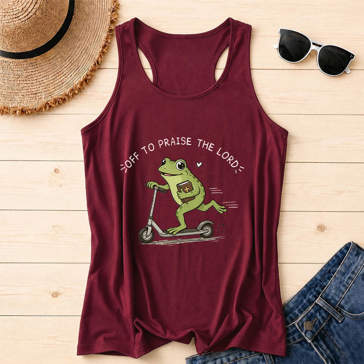 Christianartworkshop Auf zum Lobpreis des Herrn Bogenförmiger Text Niedlicher Frosch auf Roller mit Bibel in der Hand Cartoon Racerback Tanktop - Wein - 2XL - image 8
