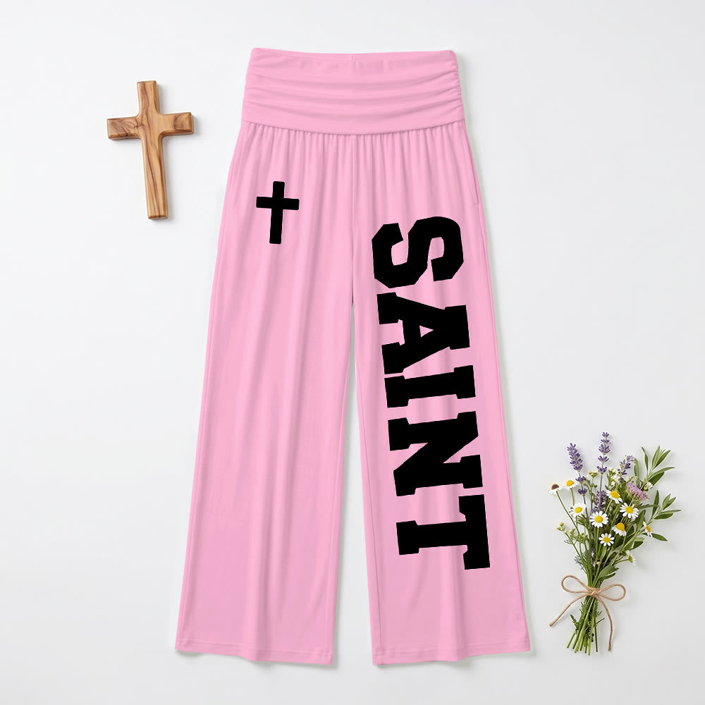 Christianartworkshop Allover-Print, vertikaler College-Stil, SAINT-Buchstabe, weißes Kreuz, umgeschlagene, hochtaillierte Hose mit weitem Bein. - Rosa - US22, UK/AU26, EU54 (6XL) - image 12