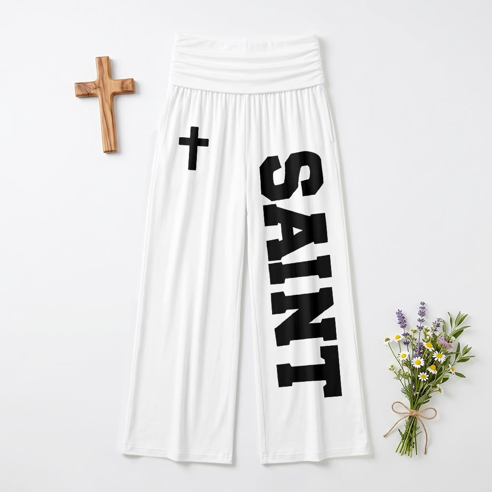 Christianartworkshop Allover-Print, vertikaler College-Stil, SAINT-Buchstabe, weißes Kreuz, umgeschlagene, hochtaillierte Hose mit weitem Bein. - Weiß - US22, UK/AU26, EU54 (6XL) - image 6