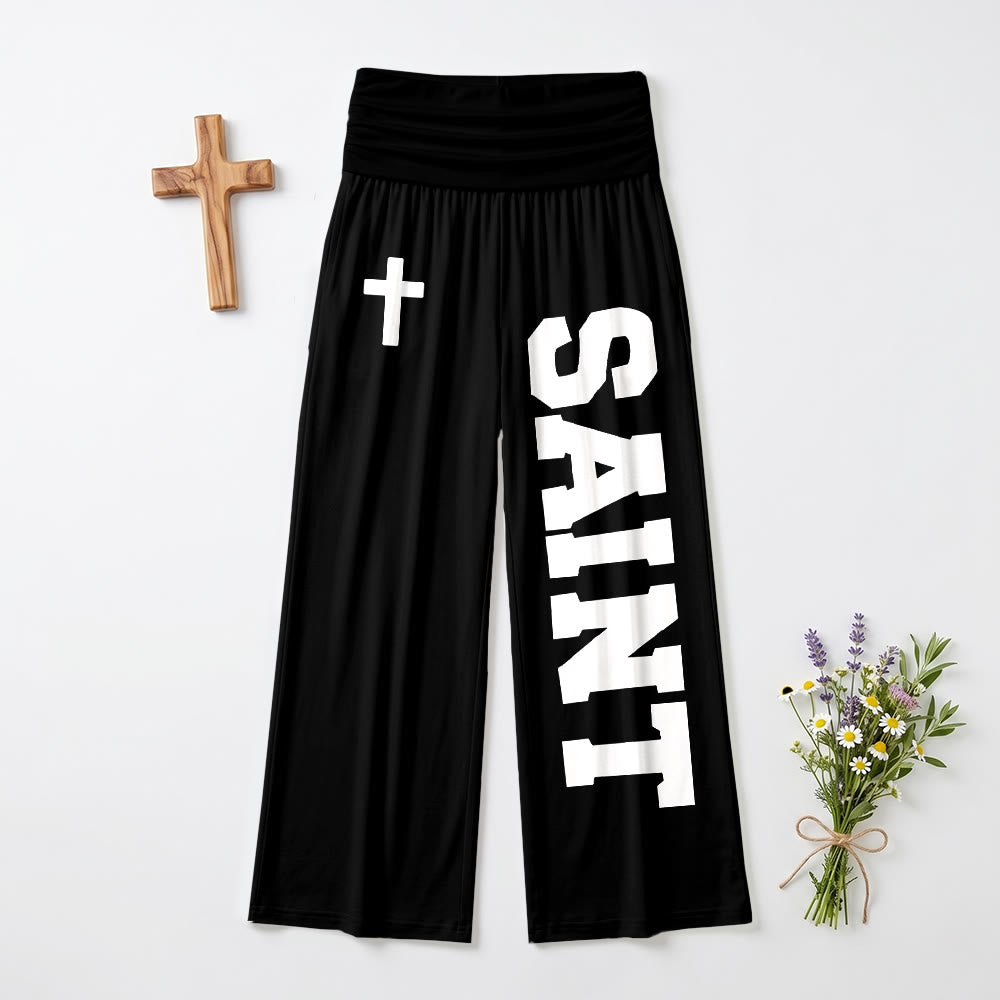 Christianartworkshop Allover-Print, vertikaler College-Stil, SAINT-Buchstabe, weißes Kreuz, umgeschlagene, hochtaillierte Hose mit weitem Bein. - Schwarz - US22, UK/AU26, EU54 (6XL) - image 3