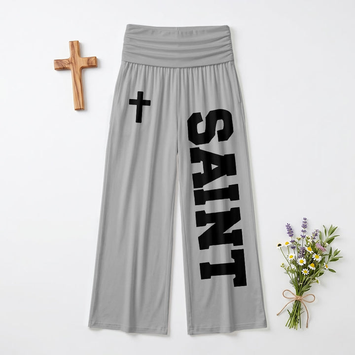 Christianartworkshop Allover-Print, vertikaler College-Stil, SAINT-Buchstabe, weißes Kreuz, umgeschlagene, hochtaillierte Hose mit weitem Bein. - Grau - US22, UK/AU26, EU54 (6XL) - image 9