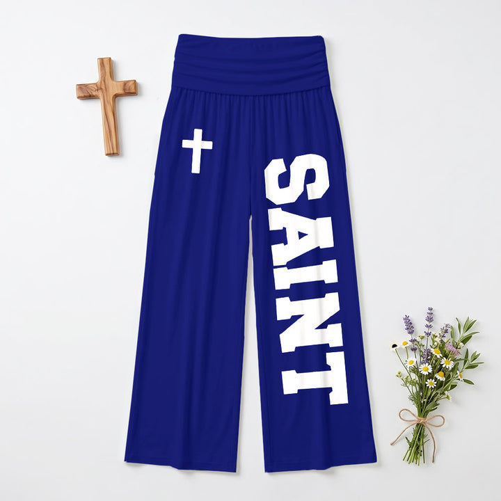 Christianartworkshop Allover-Print, vertikaler College-Stil, SAINT-Buchstabe, weißes Kreuz, umgeschlagene, hochtaillierte Hose mit weitem Bein. - Blau - US22, UK/AU26, EU54 (6XL) - image 15
