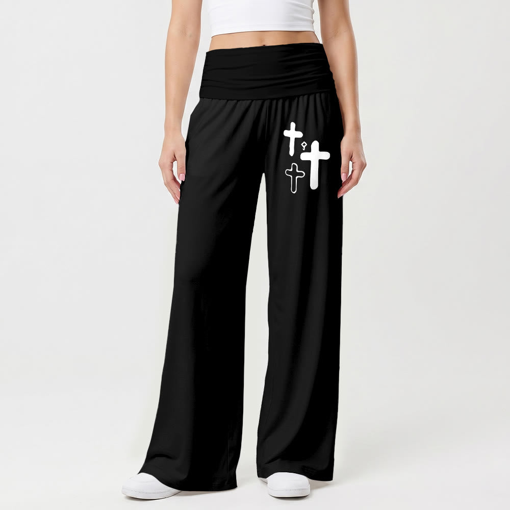 Christianartworkshop Minimalistische Hose mit Multi-Kreuz-Grafikdruck auf der Vorderseite der Hüfte, umklappbarer hoher Bund, weites Bein - image 4