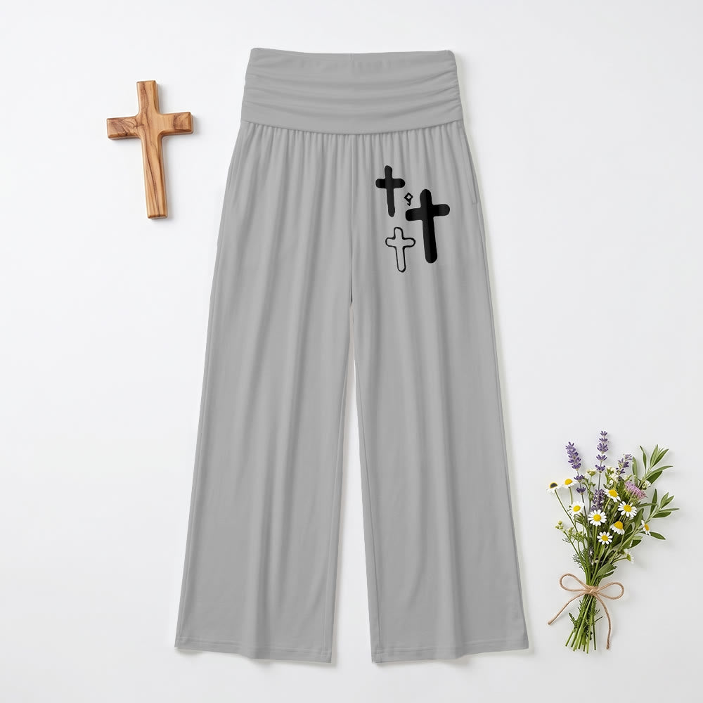 Christianartworkshop Minimalistische Hose mit Multi-Kreuz-Grafikdruck auf der Vorderseite der Hüfte, umklappbarer hoher Bund, weites Bein - Grau - US22, UK/AU26, EU54 (6XL) - image 6