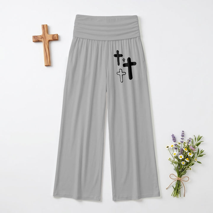 Christianartworkshop Minimalistische Hose mit Multi-Kreuz-Grafikdruck auf der Vorderseite der Hüfte, umklappbarer hoher Bund, weites Bein - Grau - US22, UK/AU26, EU54 (6XL) - image 6
