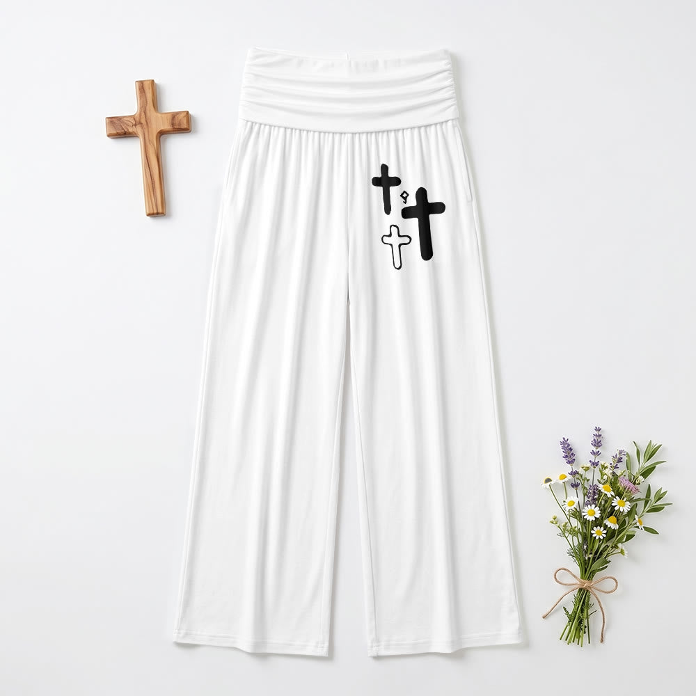 Christianartworkshop Minimalistische Hose mit Multi-Kreuz-Grafikdruck auf der Vorderseite der Hüfte, umklappbarer hoher Bund, weites Bein - Weiß - US22, UK/AU26, EU54 (6XL) - image 0