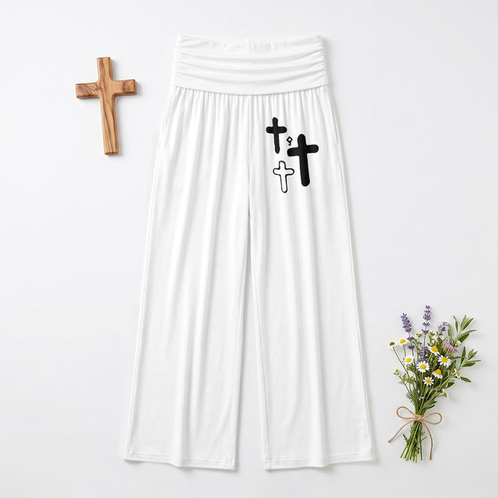 Christianartworkshop Minimalistische Hose mit Multi-Kreuz-Grafikdruck auf der Vorderseite der Hüfte, umklappbarer hoher Bund, weites Bein - Weiß - US22, UK/AU26, EU54 (6XL) - image 0