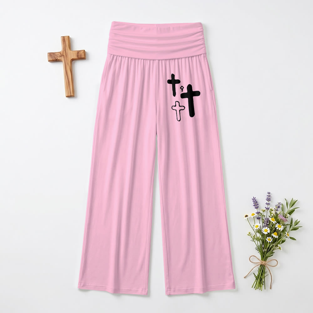 Christianartworkshop Minimalistische Hose mit Multi-Kreuz-Grafikdruck auf der Vorderseite der Hüfte, umklappbarer hoher Bund, weites Bein - Rosa - US22, UK/AU26, EU54 (6XL) - image 9