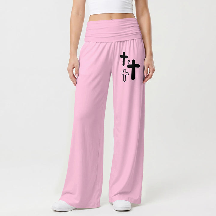 Christianartworkshop Minimalistische Hose mit Multi-Kreuz-Grafikdruck auf der Vorderseite der Hüfte, umklappbarer hoher Bund, weites Bein - image 10
