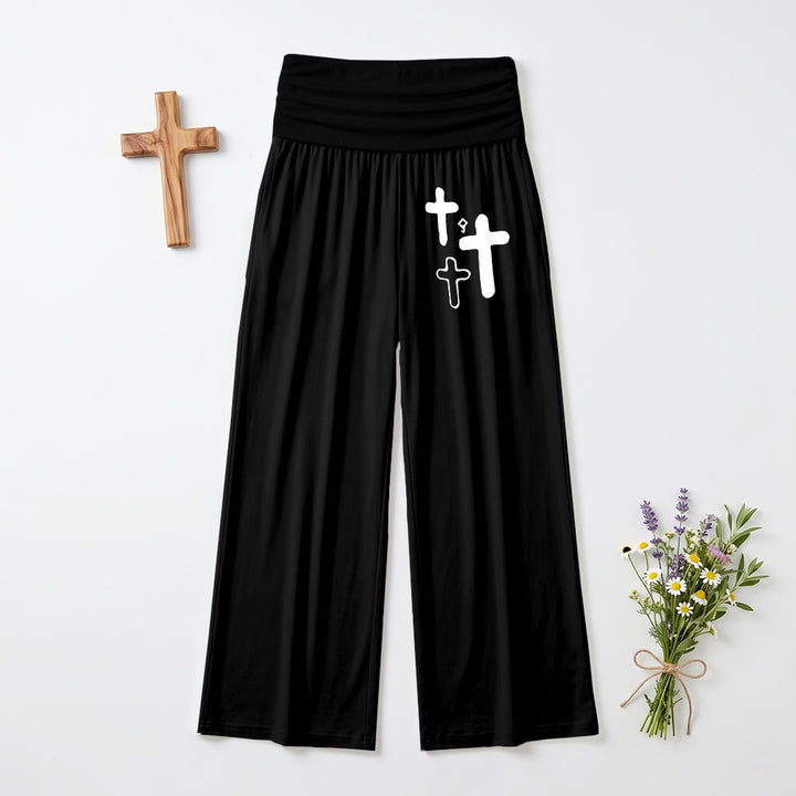 Christianartworkshop Minimalistische Hose mit Multi-Kreuz-Grafikdruck auf der Vorderseite der Hüfte, umklappbarer hoher Bund, weites Bein - Schwarz - US22, UK/AU26, EU54 (6XL) - image 3