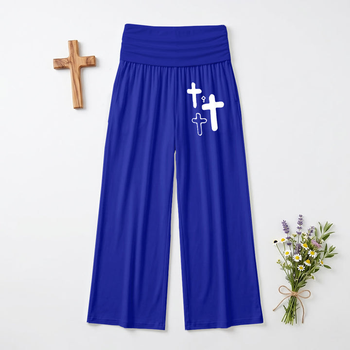 Christianartworkshop Minimalistische Hose mit Multi-Kreuz-Grafikdruck auf der Vorderseite der Hüfte, umklappbarer hoher Bund, weites Bein - Blau - US22, UK/AU26, EU54 (6XL) - image 12