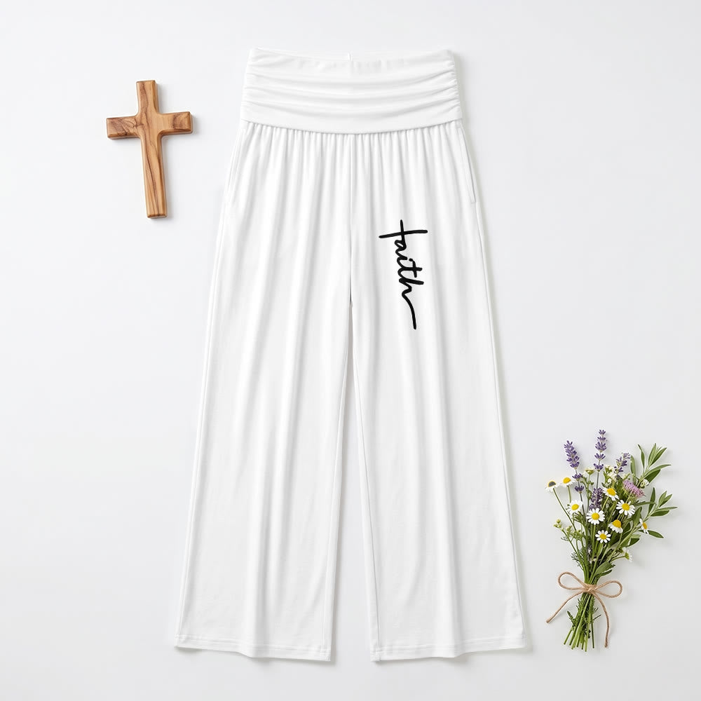 Christianartworkshop Vertikaler Schriftzug „Glaube“ in Schreibschrift, umklappbare, hochtaillierte Hose mit weitem Bein und weitem Bund - Weiß - US22, UK/AU26, EU54 (6XL) - image 3