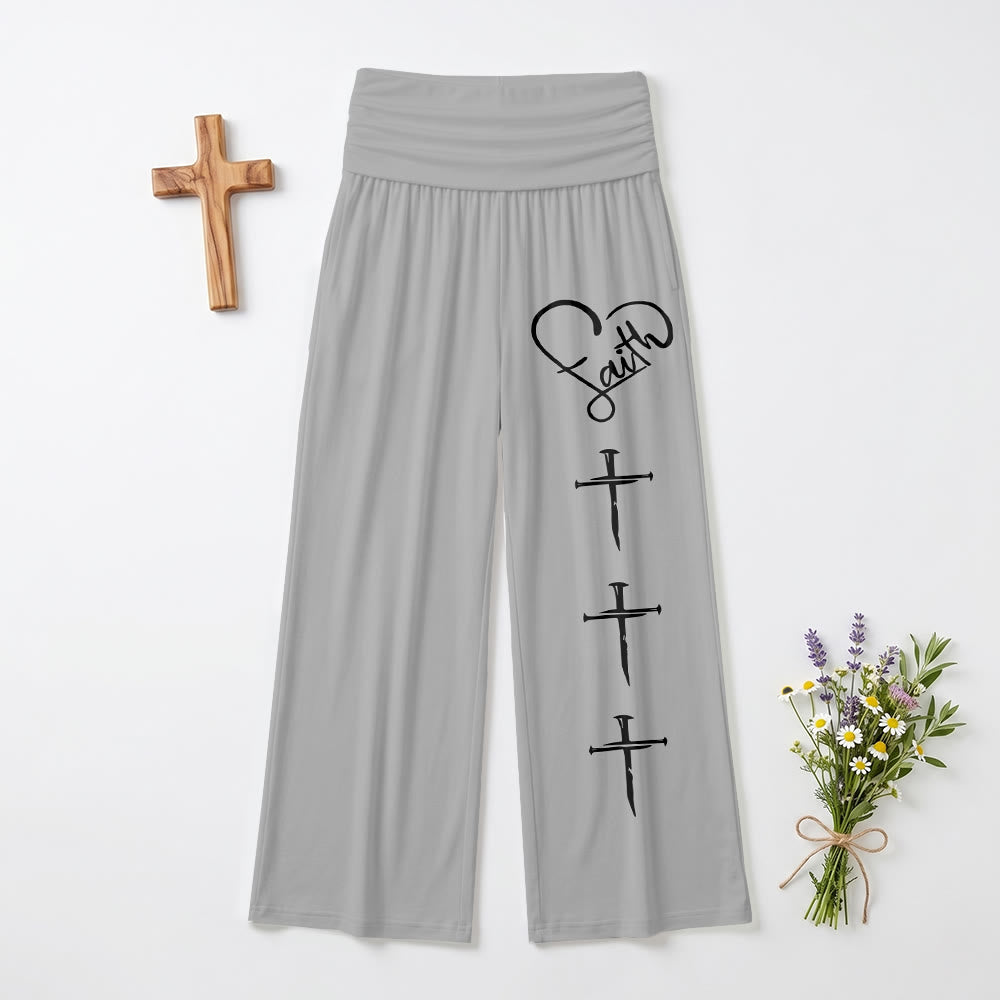 Christianartworkshop Herzumriss Glaube Schreibschrift Drei Vertikales Nagelkreuz Druck Weite Beine Hosen - Grau - US22, UK/AU26, EU54 (6XL) - image 0