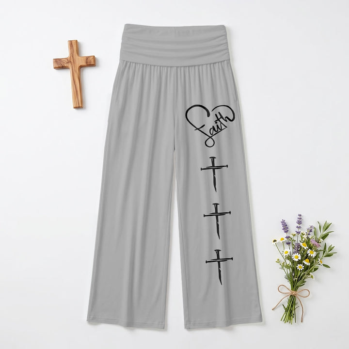 Christianartworkshop Herzumriss Glaube Schreibschrift Drei Vertikales Nagelkreuz Druck Weite Beine Hosen - Grau - US22, UK/AU26, EU54 (6XL) - image 0