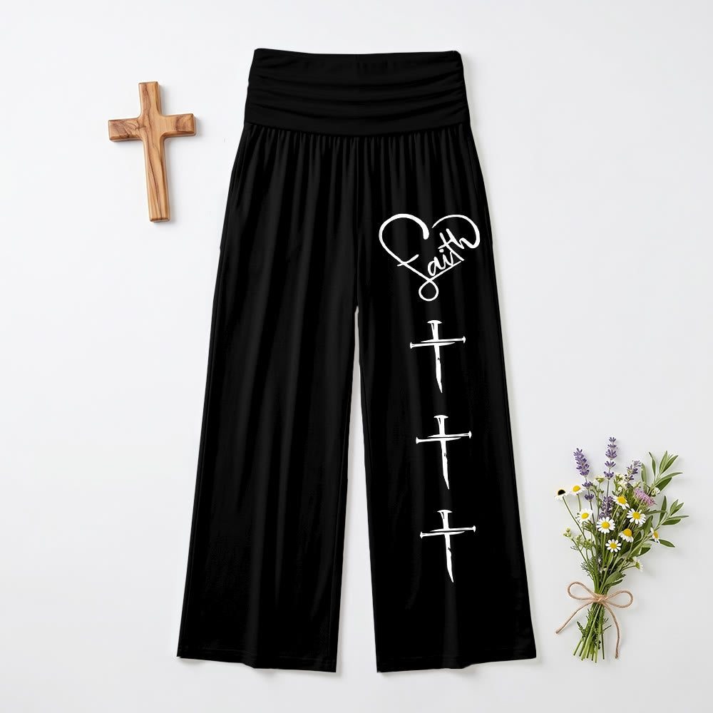 Christianartworkshop Herzumriss Glaube Schreibschrift Drei Vertikales Nagelkreuz Druck Weite Beine Hosen - Schwarz - US22, UK/AU26, EU54 (6XL) - image 6