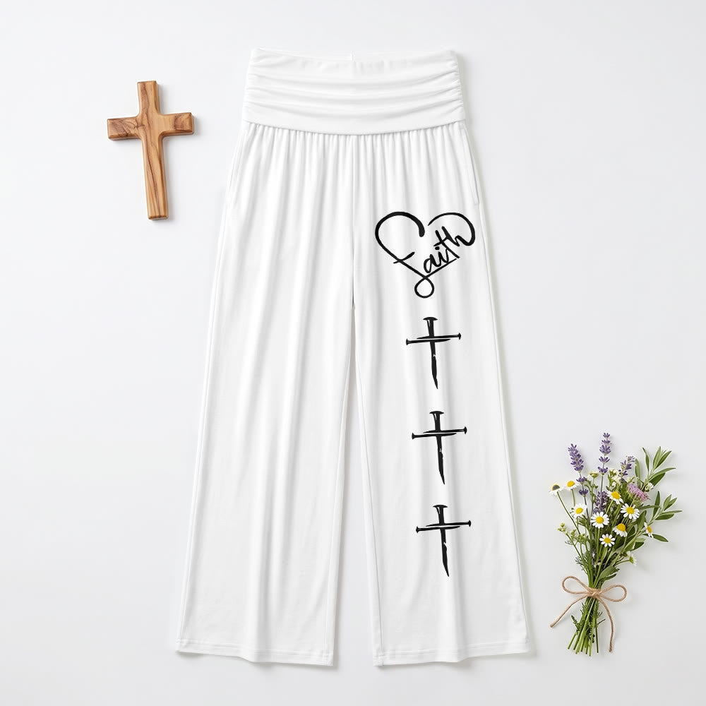 Christianartworkshop Herzumriss Glaube Schreibschrift Drei Vertikales Nagelkreuz Druck Weite Beine Hosen - Weiß - US22, UK/AU26, EU54 (6XL) - image 9