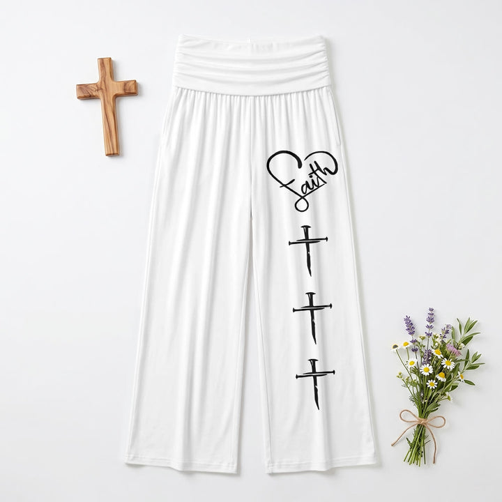 Christianartworkshop Herzumriss Glaube Schreibschrift Drei Vertikales Nagelkreuz Druck Weite Beine Hosen - Weiß - US22, UK/AU26, EU54 (6XL) - image 9