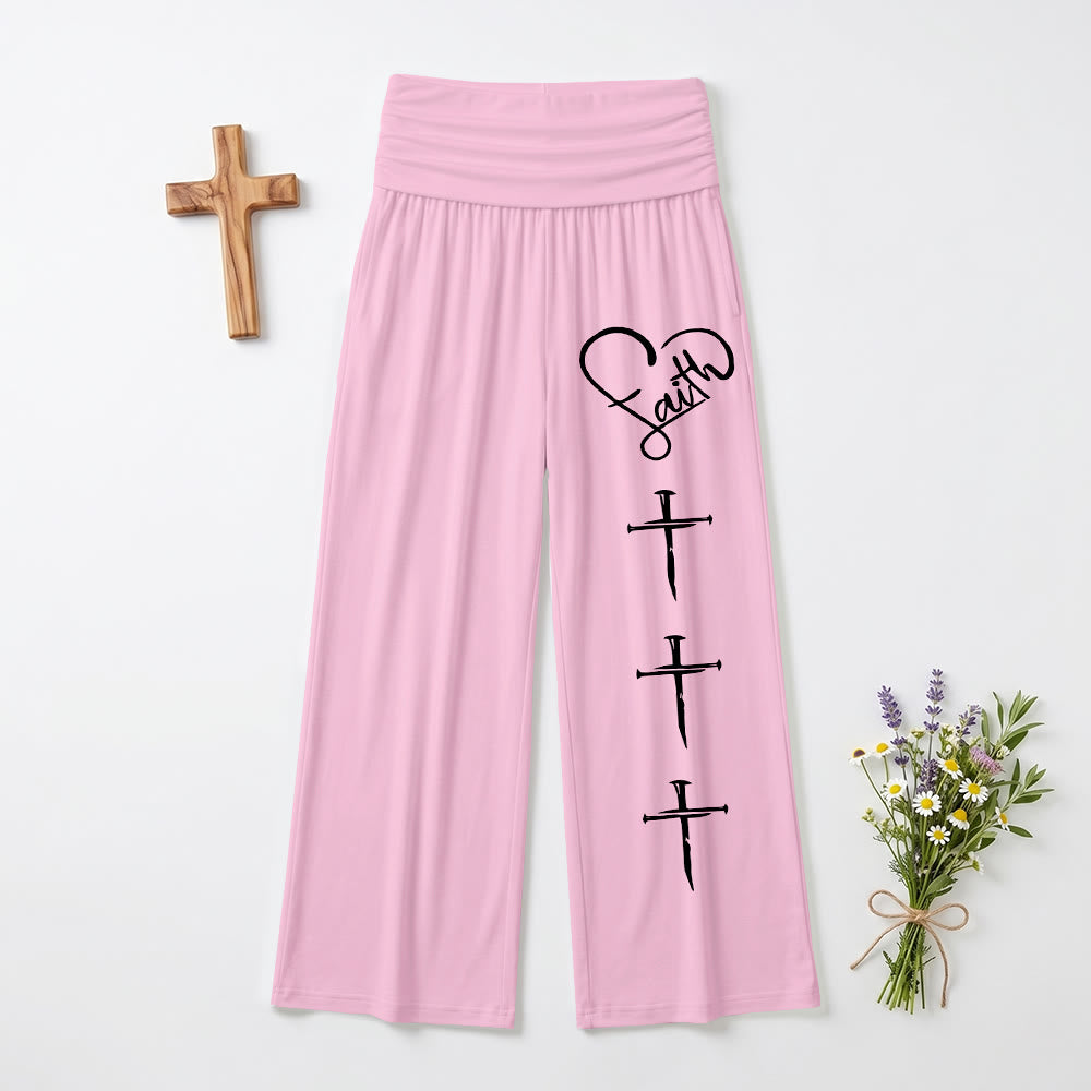 Christianartworkshop Herzumriss Glaube Schreibschrift Drei Vertikales Nagelkreuz Druck Weite Beine Hosen - Rosa - US22, UK/AU26, EU54 (6XL) - image 3