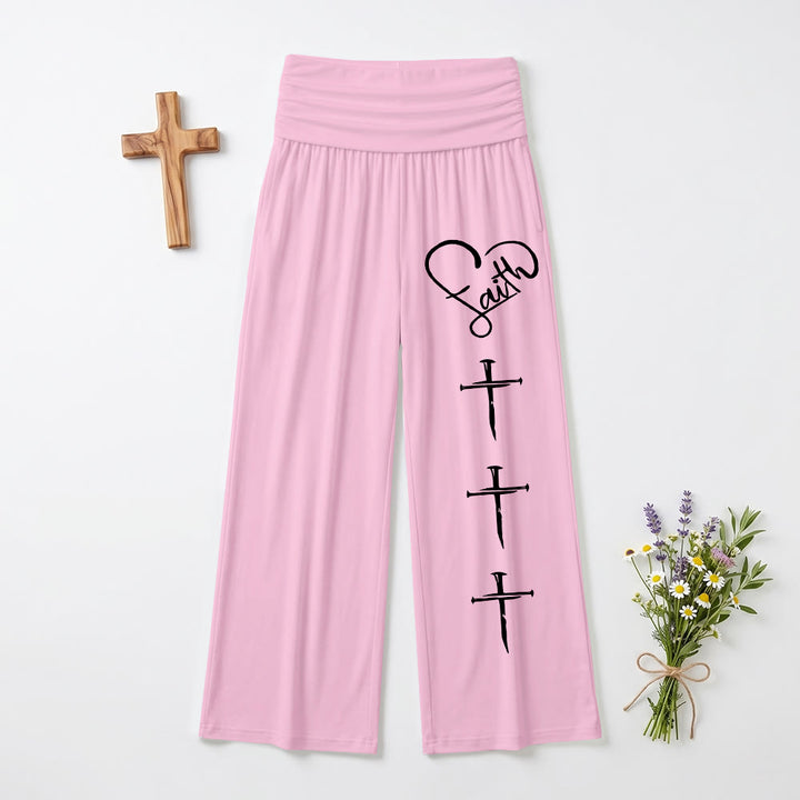 Christianartworkshop Herzumriss Glaube Schreibschrift Drei Vertikales Nagelkreuz Druck Weite Beine Hosen - Rosa - US22, UK/AU26, EU54 (6XL) - image 3