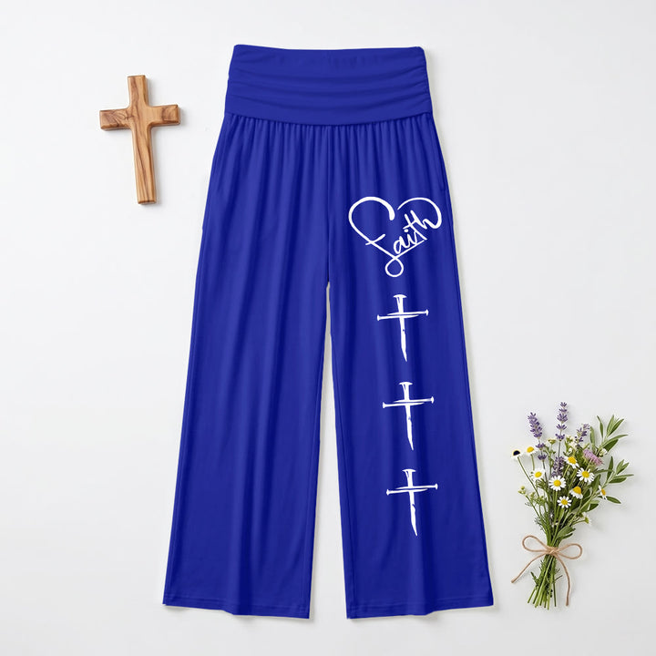Christianartworkshop Herzumriss Glaube Schreibschrift Drei Vertikales Nagelkreuz Druck Weite Beine Hosen - Blau - US22, UK/AU26, EU54 (6XL) - image 12
