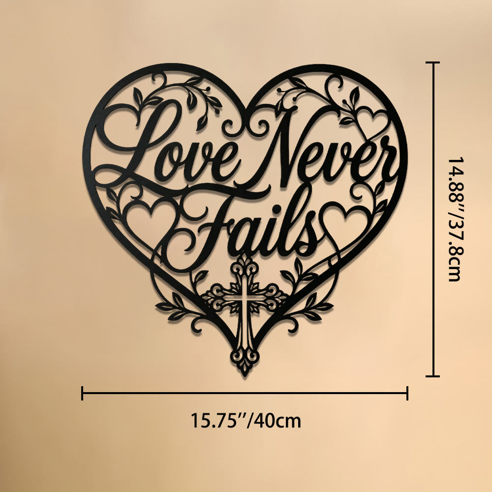 Christianartworkshop Florales Herz, geschwungene Inschrift „Liebe versagt nie“, Kreuz aus Metall, Wanddekoration: Zeitloses Symbol der heiligen, erlösenden Gnade - 15,75''*14,88''*0,04''/40cm*37,8cm*0,1cm - image 7
