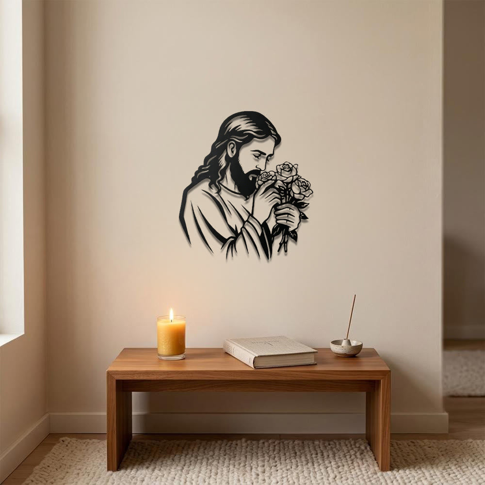 Christianartworkshop Jesus mit Rose als Wanddekoration aus Metall: Zeitloses Symbol der heiligen, erlösenden Gnade - image 1
