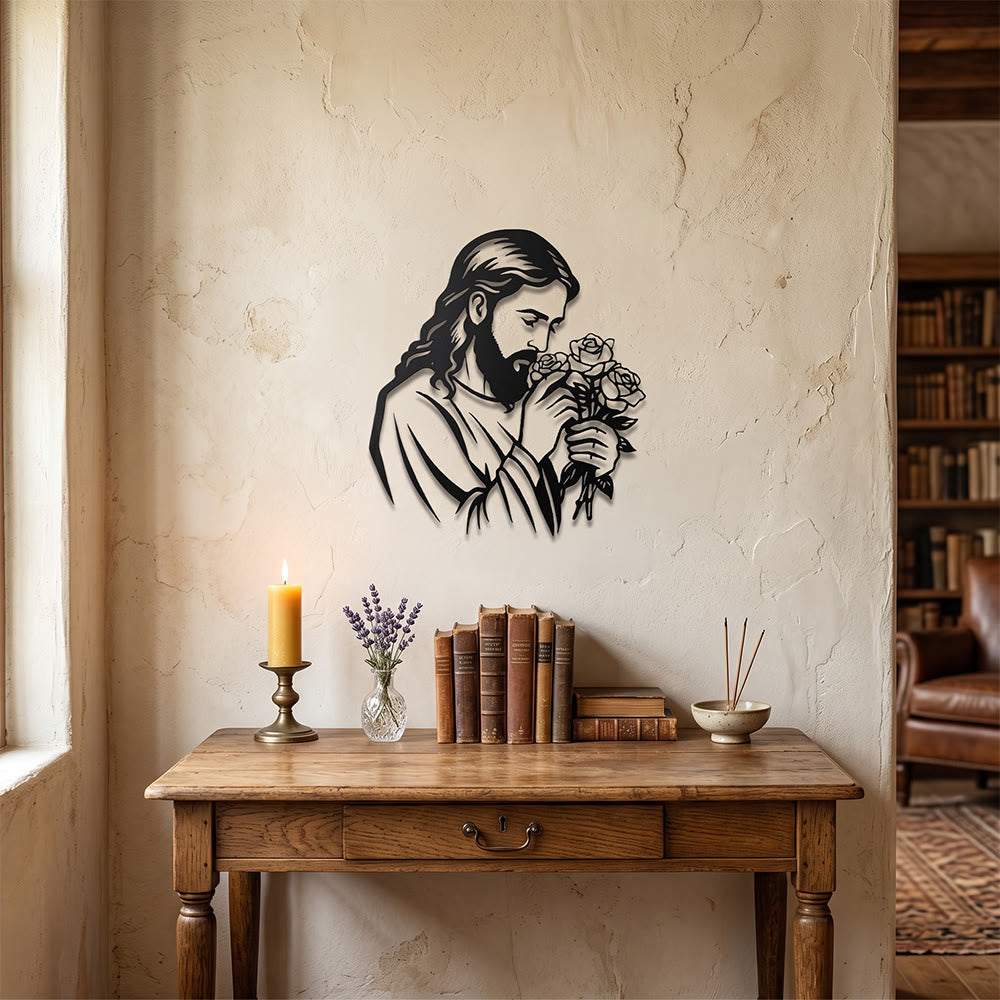 Christianartworkshop Jesus mit Rose als Wanddekoration aus Metall: Zeitloses Symbol der heiligen, erlösenden Gnade - image 2