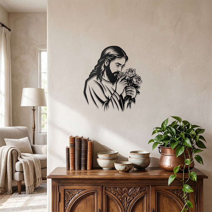 Christianartworkshop Jesus mit Rose als Wanddekoration aus Metall: Zeitloses Symbol der heiligen, erlösenden Gnade - image 3