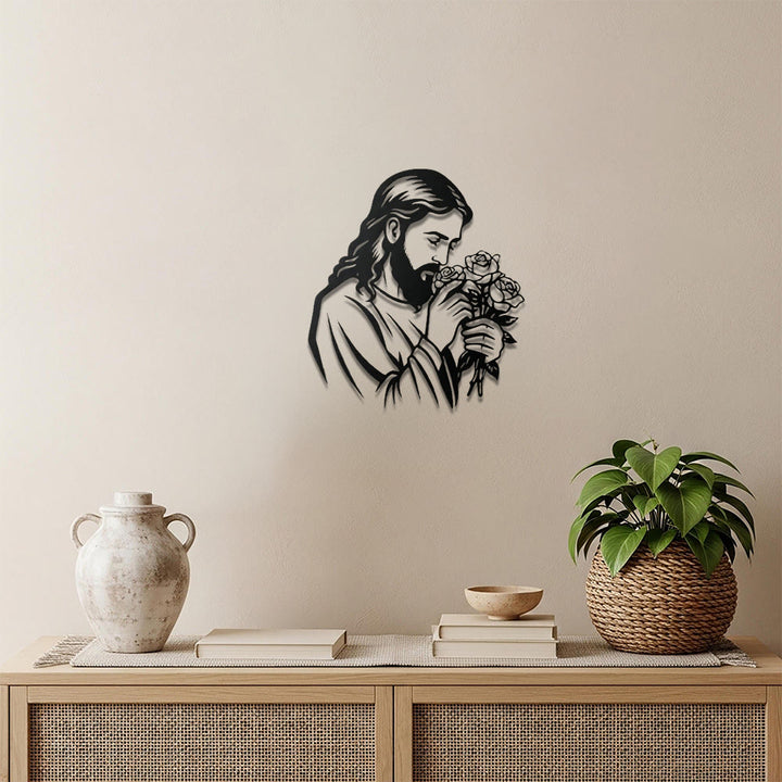 Christianartworkshop Jesus mit Rose als Wanddekoration aus Metall: Zeitloses Symbol der heiligen, erlösenden Gnade - image 0