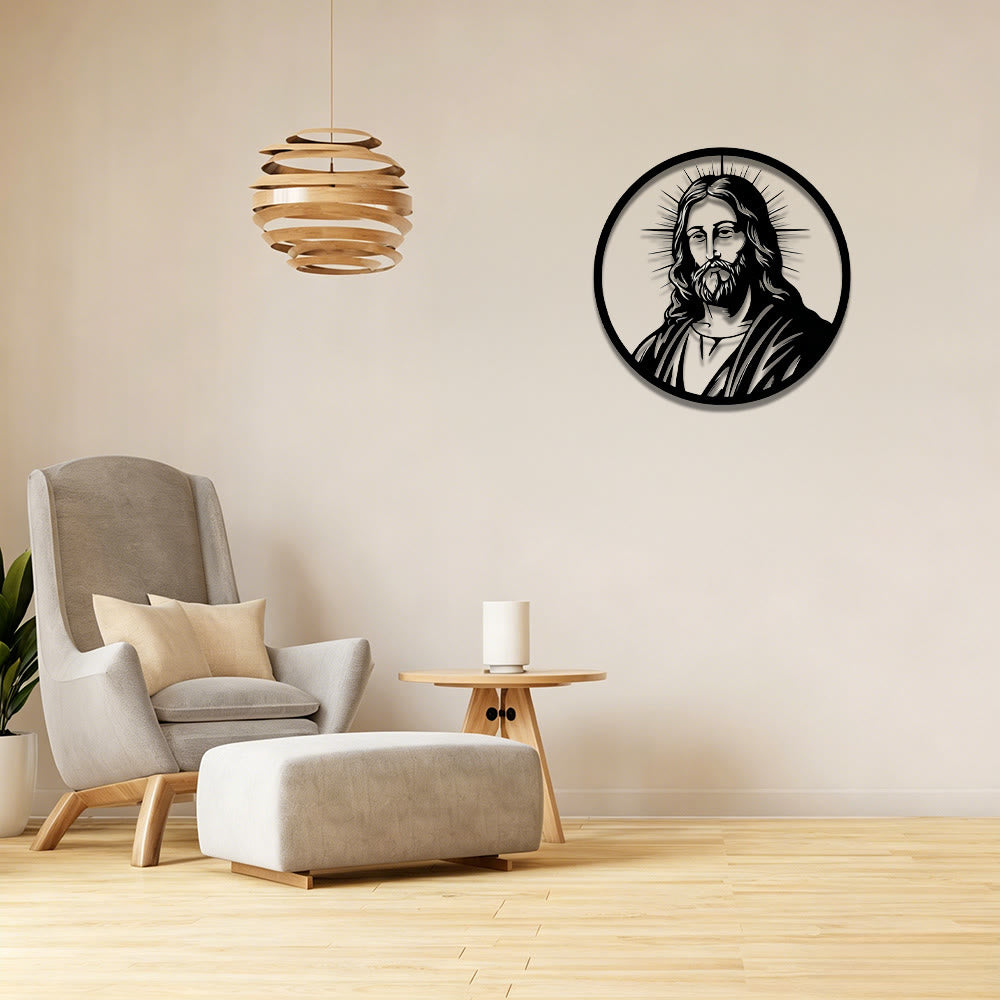 Christianartworkshop Kreisförmiger, strahlender Heiligenschein-Jesus-Porträt-Wandschmuck aus Metall: Zeitloses Symbol der heiligen, erlösenden Gnade - image 0