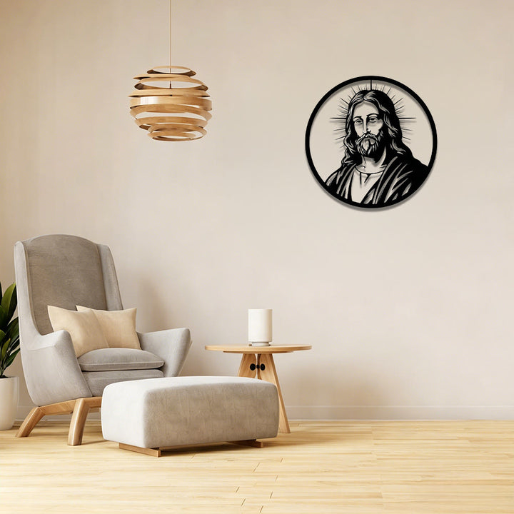 Christianartworkshop Kreisförmiger, strahlender Heiligenschein-Jesus-Porträt-Wandschmuck aus Metall: Zeitloses Symbol der heiligen, erlösenden Gnade - image 0