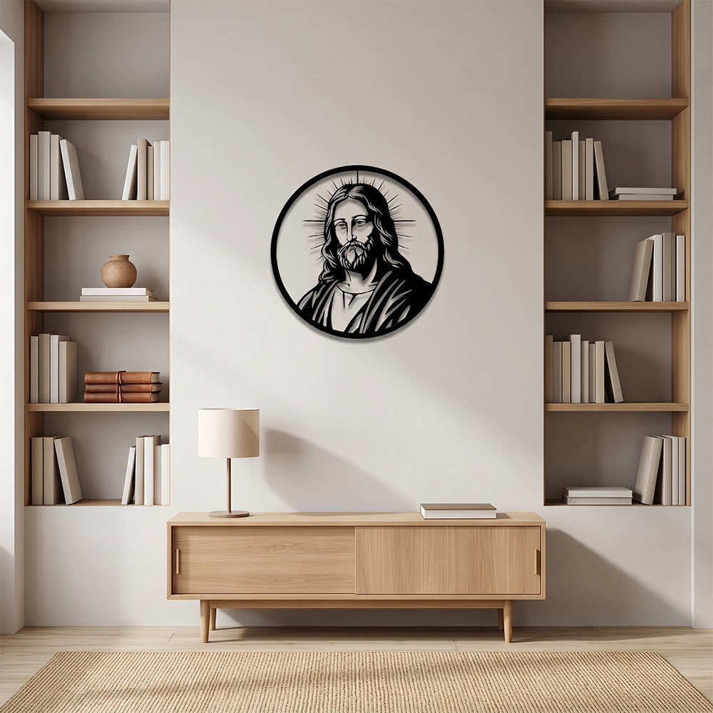 Christianartworkshop Kreisförmiger Rand, strahlender Heiligenschein, Jesusporträt, Wanddekoration aus Metall: Zeitloses Symbol der heiligen, erlösenden Gnade - image 1