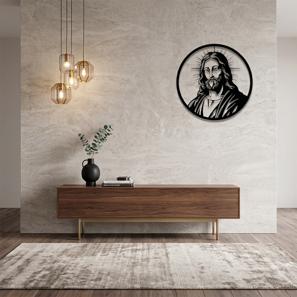 Christianartworkshop Kreisförmiger Rand, strahlender Heiligenschein, Jesusporträt, Wanddekoration aus Metall: Zeitloses Symbol der heiligen, erlösenden Gnade - image 3
