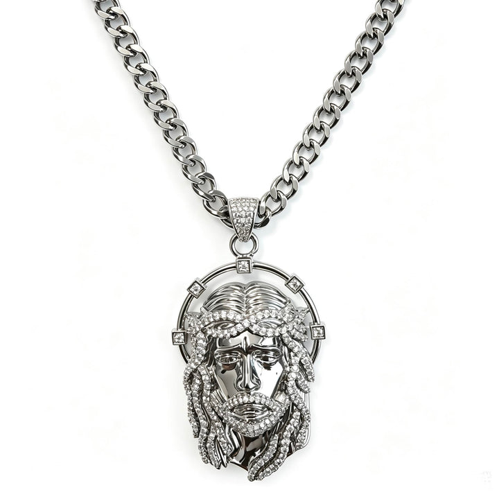 Christianartworkshop Ovaler Strass-Halo-Anhänger mit heiligem Antlitz, vielseitig kombinierbar mit Gliederkette: Zeitloses Symbol sanfter himmlischer Fürsorge - Silber- und Kubanische Kette - image 15