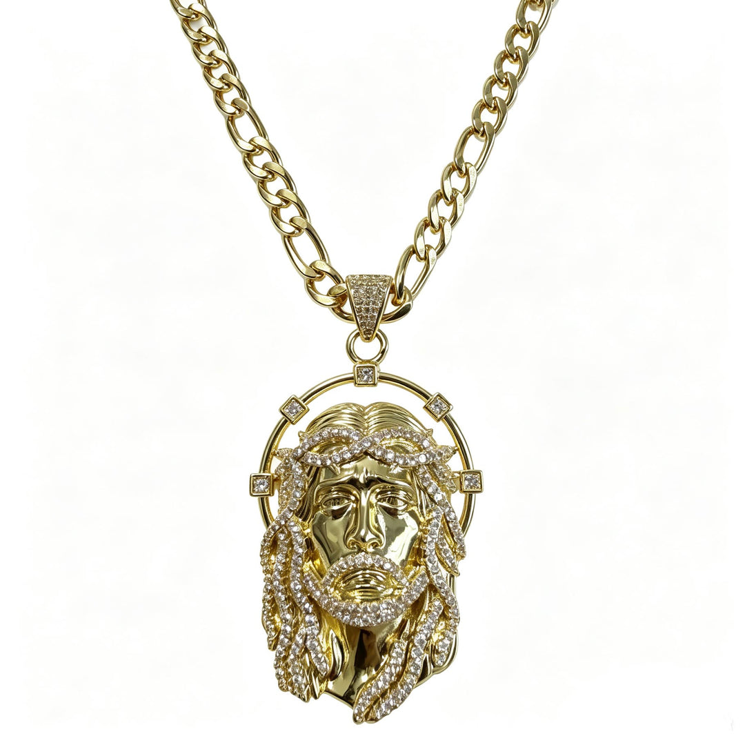 Christianartworkshop Ovaler Strass-Halo-Anhänger mit heiligem Antlitz, vielseitig kombinierbar mit Gliederkette: Zeitloses Symbol sanfter himmlischer Fürsorge - Goldene & Figaro-Kette - image 5