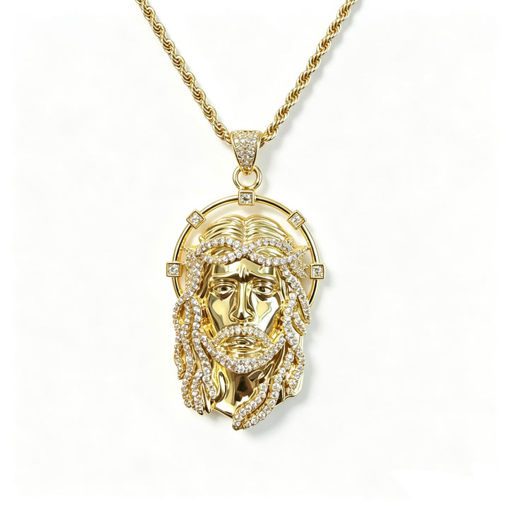 Christianartworkshop Ovaler Strass-Halo-Anhänger mit heiligem Antlitz, vielseitig kombinierbar mit Gliederkette: Zeitloses Symbol sanfter himmlischer Fürsorge - Goldene & gedrehte Kette - image 4