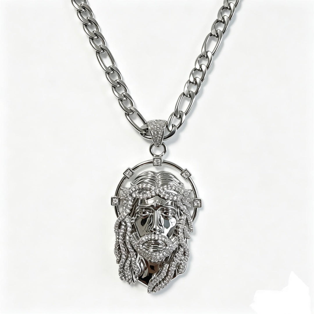 Christianartworkshop Ovaler Strass-Halo-Anhänger mit heiligem Antlitz, vielseitig kombinierbar mit Gliederkette: Zeitloses Symbol sanfter himmlischer Fürsorge - Silber & Figaro-Kette - image 14