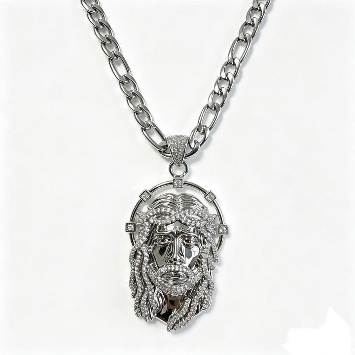 Christianartworkshop Ovaler Strass-Halo-Anhänger mit heiligem Antlitz, vielseitig kombinierbar mit Gliederkette: Zeitloses Symbol sanfter himmlischer Fürsorge - Silber & Figaro-Kette - image 14