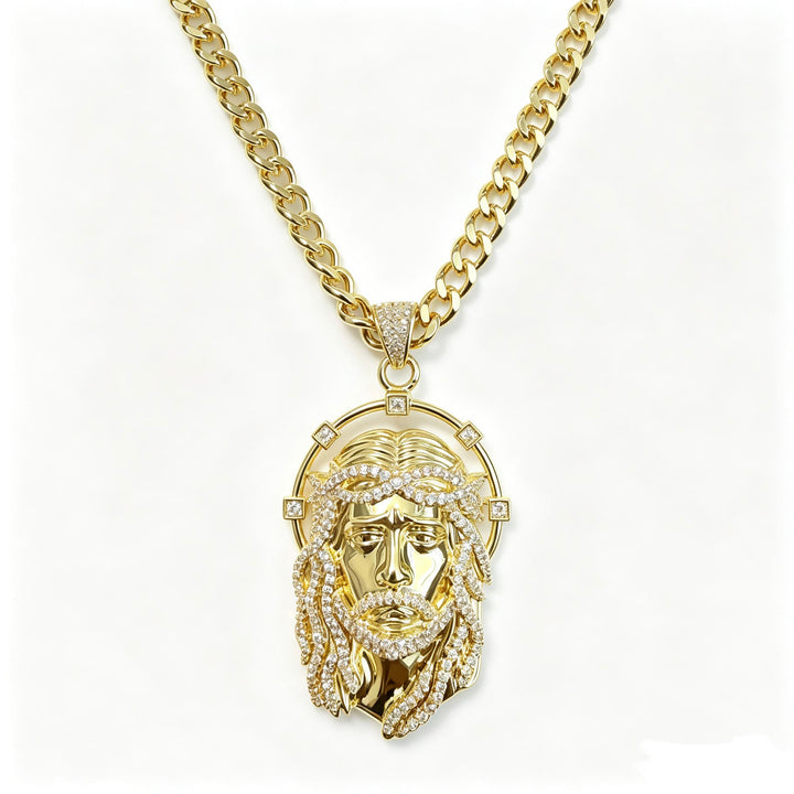 Christianartworkshop Ovaler Strass-Halo-Anhänger mit heiligem Antlitz, vielseitig kombinierbar mit Gliederkette: Zeitloses Symbol sanfter himmlischer Fürsorge - Goldene und kubanische Kette - image 6