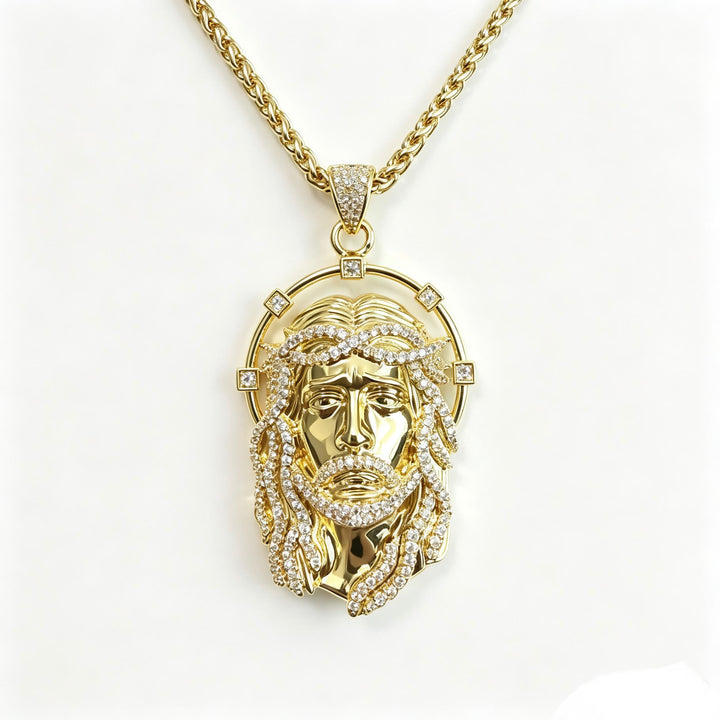 Christianartworkshop Ovaler Strass-Halo-Anhänger mit heiligem Antlitz, vielseitig kombinierbar mit Gliederkette: Zeitloses Symbol sanfter himmlischer Fürsorge - Goldene & Korbkette - image 7