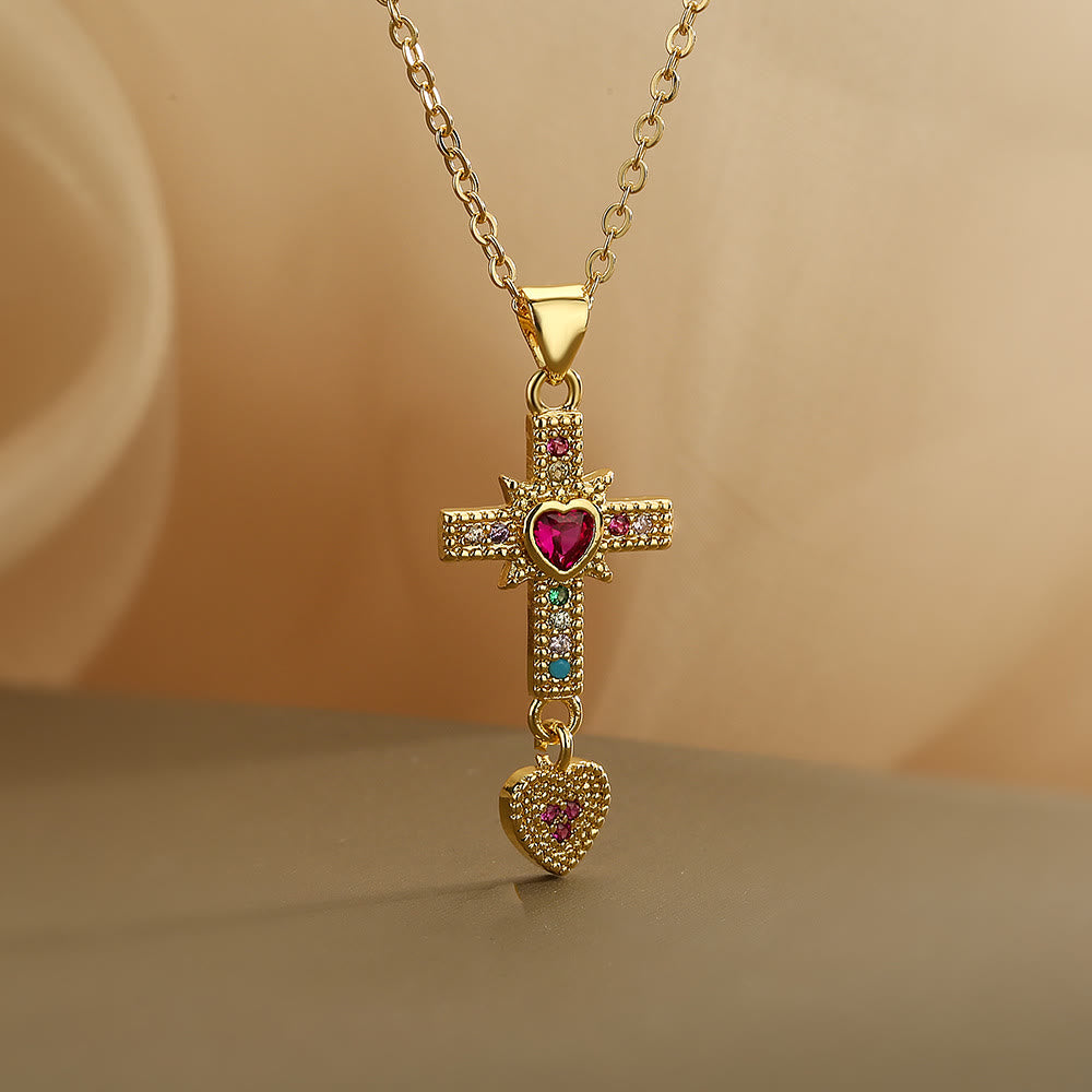 Christianartworkshop Funkelnde, farbenfrohe Steinkreuz-Halskette mit Herz-Jesu-Anhänger und Huggie-Creolen: Zeitloses Symbol sanfter himmlischer Fürsorge - Kreuz und Halskette - image 2