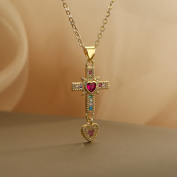 Christianartworkshop Funkelnde, farbenfrohe Steinkreuz-Halskette mit Herz-Jesu-Anhänger und Huggie-Creolen: Zeitloses Symbol sanfter himmlischer Fürsorge - Kreuz und Halskette - image 2