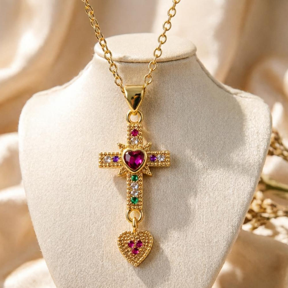 Christianartworkshop Funkelnde, farbenfrohe Steinkreuz-Halskette mit Herz-Jesu-Anhänger und Huggie-Creolen: Zeitloses Symbol sanfter himmlischer Fürsorge - image 0