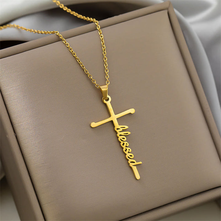 Christianartworkshop Halskette mit mehrfarbigem Anhänger in Form eines Kreuzes mit dem Schriftzug „Glaube“ an einer dünnen Gliederkette: Zeitloses Symbol sanfter himmlischer Fürsorge - Gesegnet - Golden - image 9