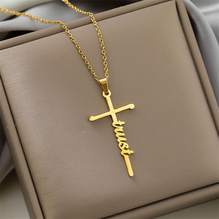 Christianartworkshop Halskette mit mehrfarbigem Anhänger in Form eines Kreuzes mit dem Schriftzug „Glaube“ an einer dünnen Gliederkette: Zeitloses Symbol sanfter himmlischer Fürsorge - Vertrauen - Golden - image 13